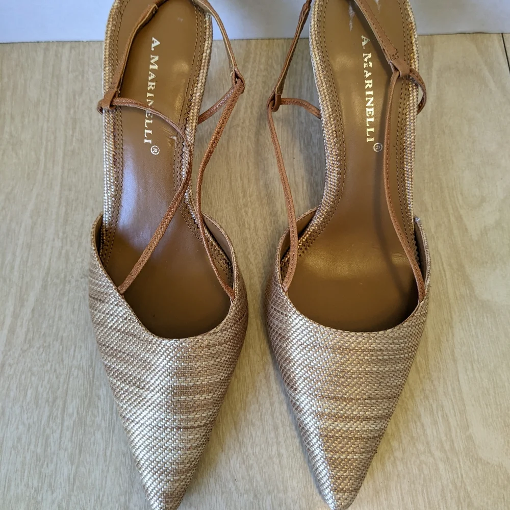 New A. Marinelli Matte Gold & Tan Woven Slingback Heels 8 - Picture 2 of 9